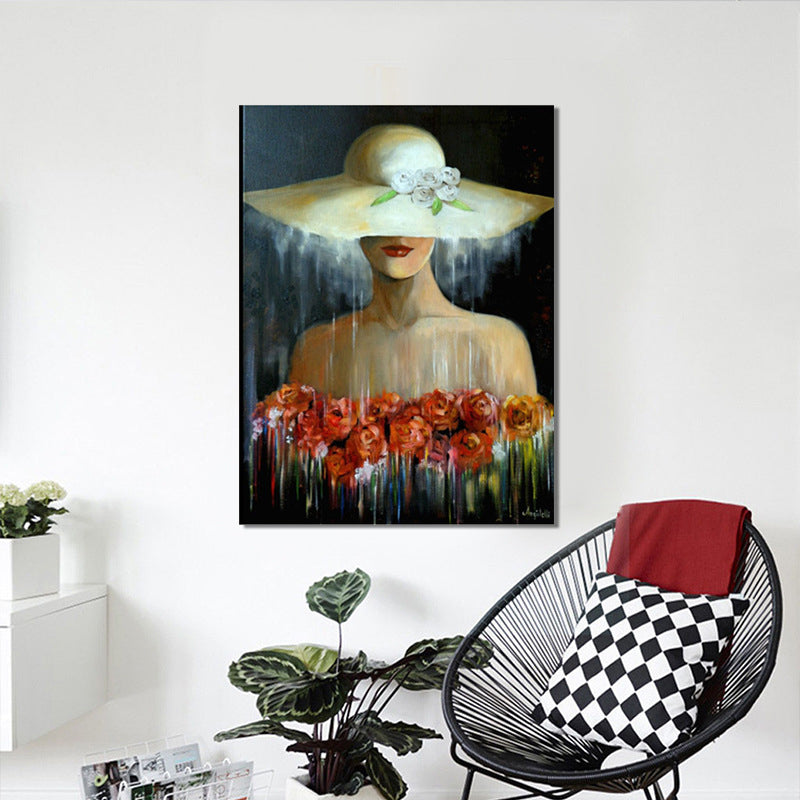 Beautiful Woman and Flower Painting Girls Room Fashion Wall Art in White-Red