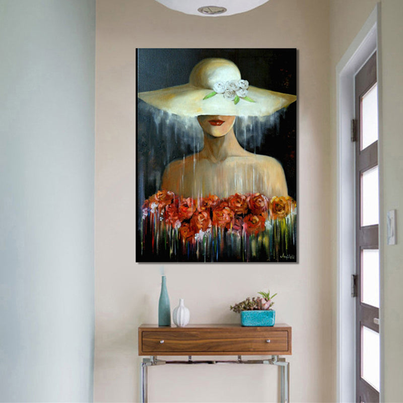 Beautiful Woman and Flower Painting Girls Room Fashion Wall Art in White-Red