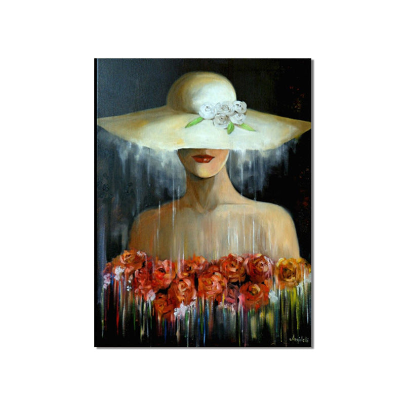 Beautiful Woman and Flower Painting Girls Room Fashion Wall Art in White-Red