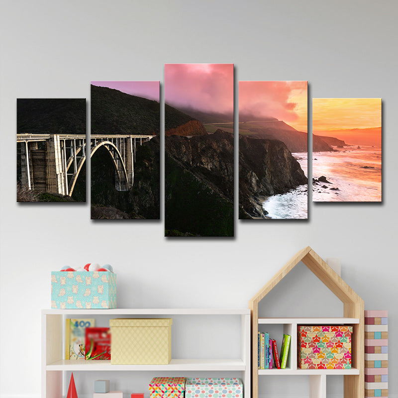 Sunset Landscape Wall Art Decor for Home Bridge Across Stone Bay Canvas in Black, Multi-Piece