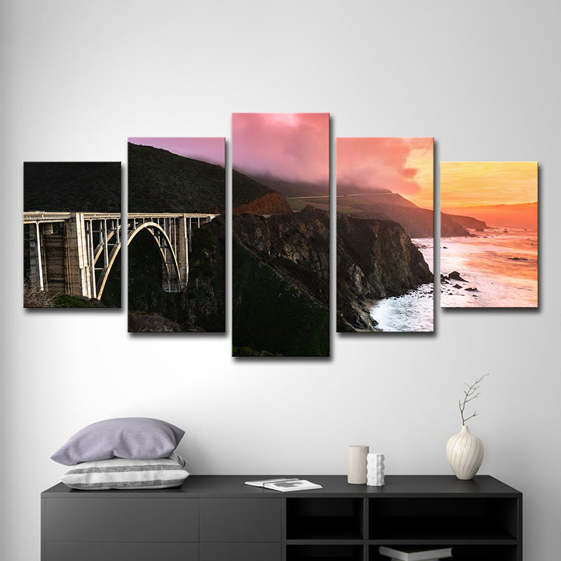 Sunset Landscape Wall Art Decor for Home Bridge Across Stone Bay Canvas in Black, Multi-Piece