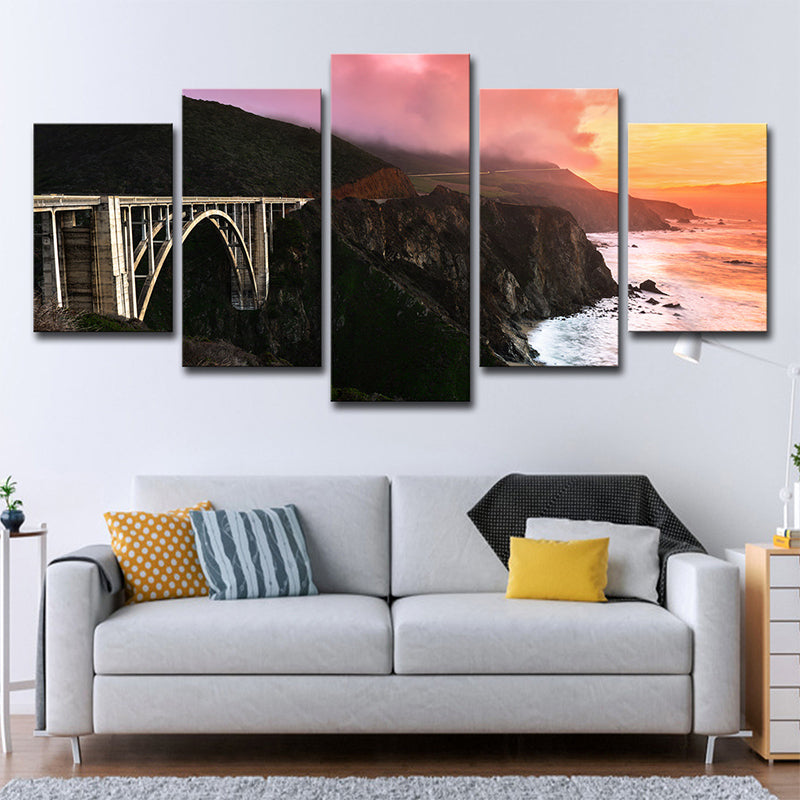 Sunset Landscape Wall Art Decor for Home Bridge Across Stone Bay Canvas in Black, Multi-Piece