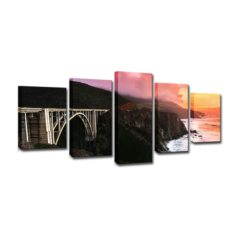 Sunset Landscape Wall Art Decor for Home Bridge Across Stone Bay Canvas in Black, Multi-Piece