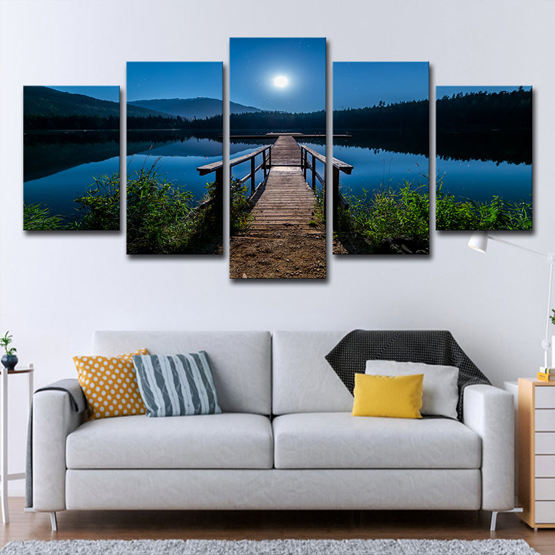 Contemporary Canvas Print Blue Bridge to the River at Full Moon Night Wall Art Decor