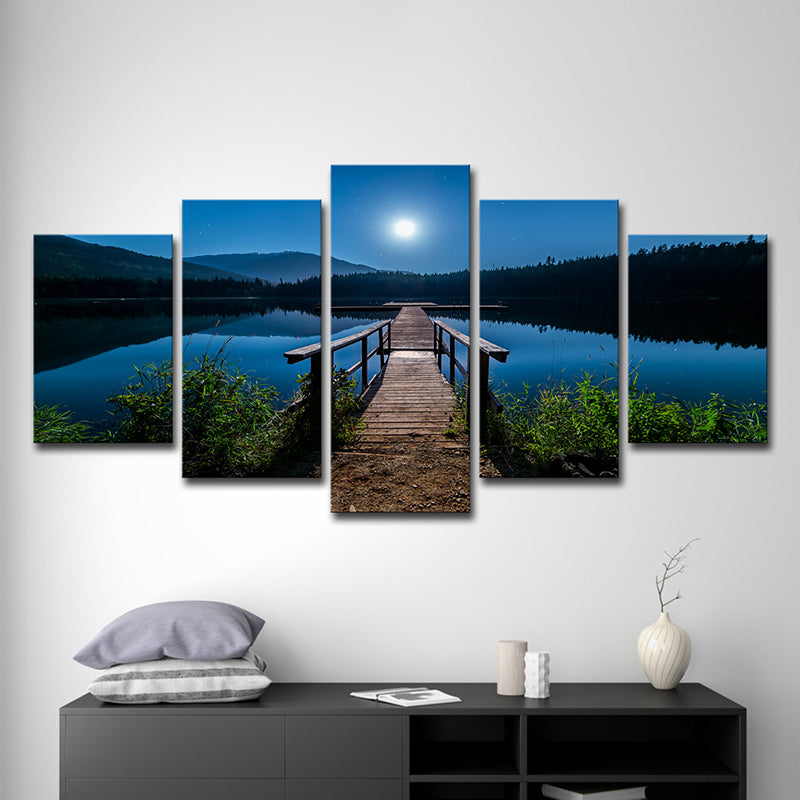 Contemporary Canvas Print Blue Bridge to the River at Full Moon Night Wall Art Decor