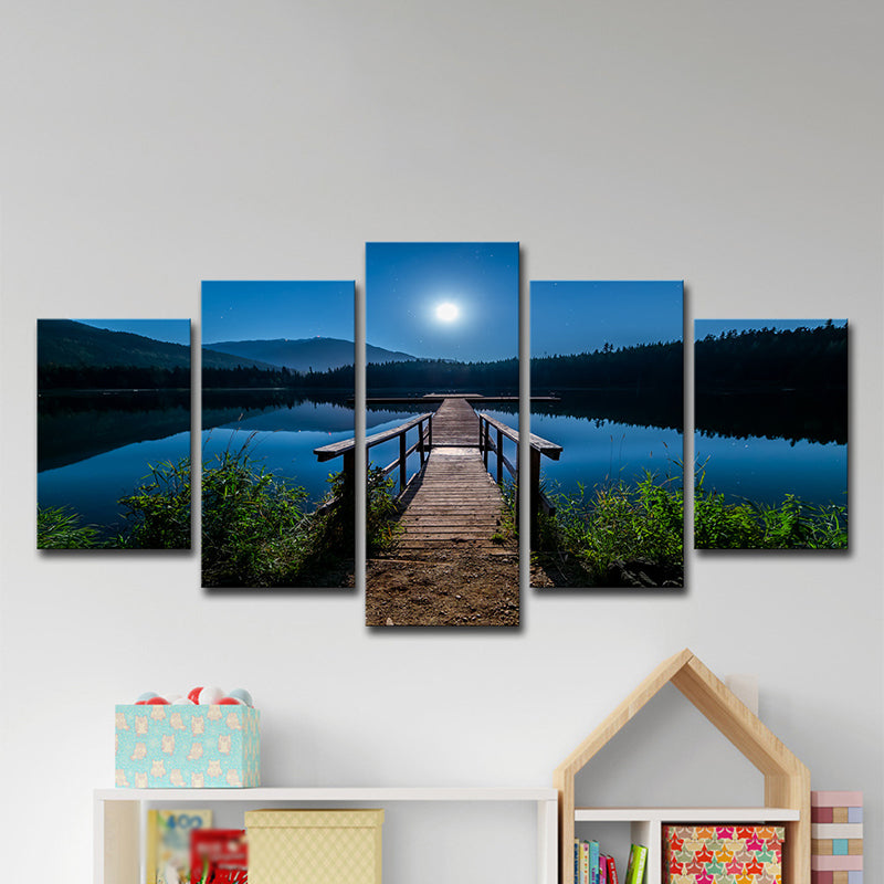 Contemporary Canvas Print Blue Bridge to the River at Full Moon Night Wall Art Decor