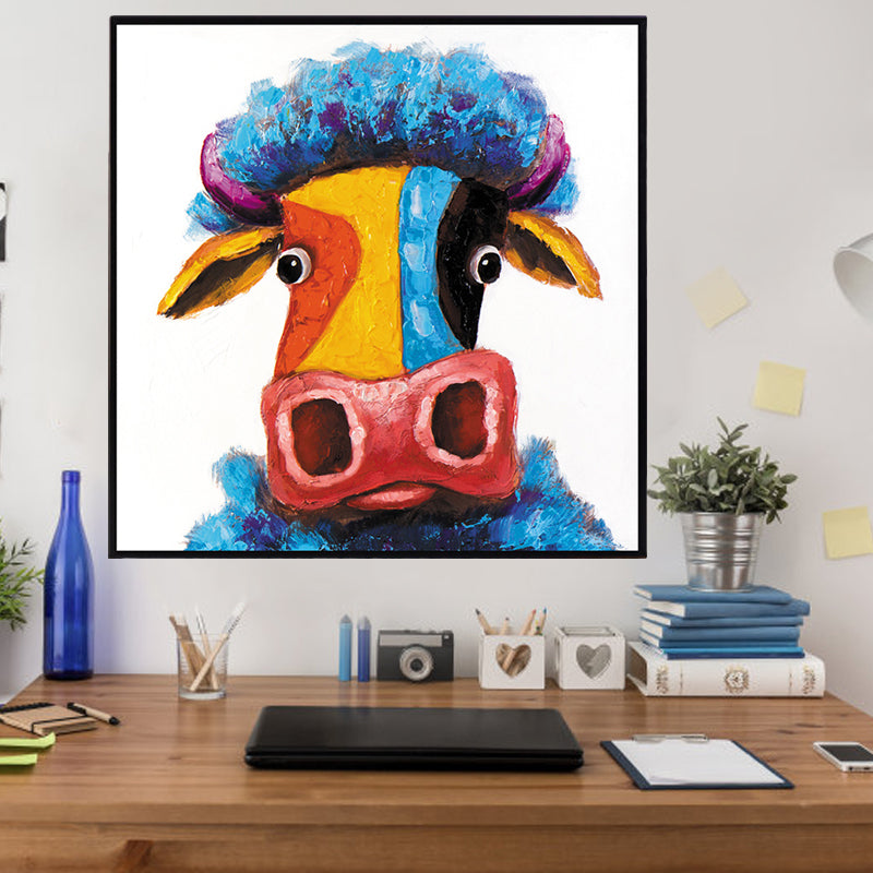 Contemporary Ox Art Print Blue-Yellow Textured Surface Wrapped Canvas for Living Room