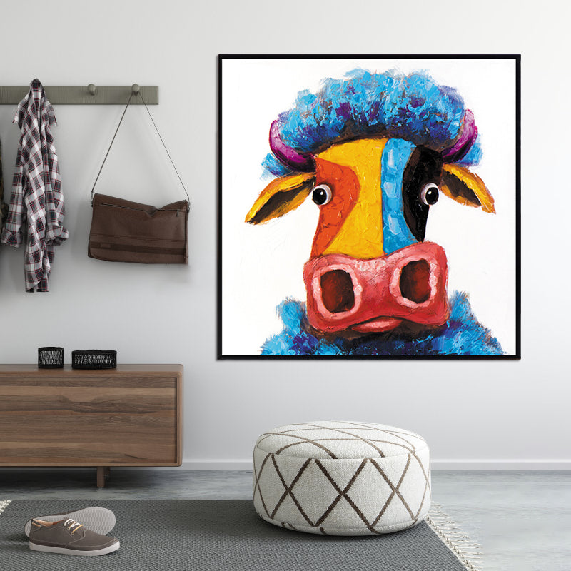 Contemporary Ox Art Print Blue-Yellow Textured Surface Wrapped Canvas for Living Room