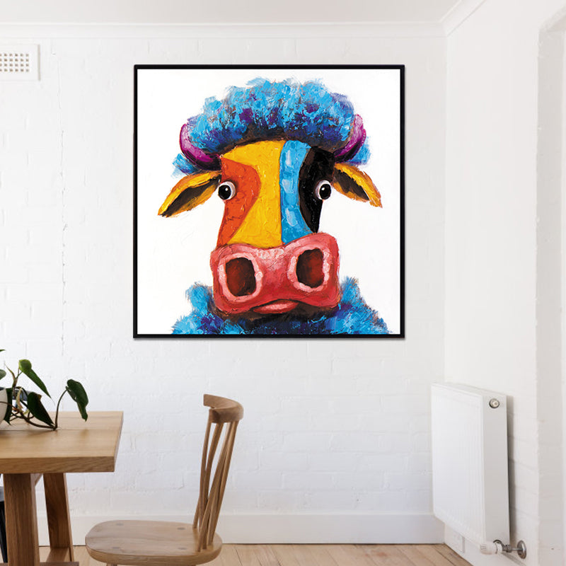 Contemporary Ox Art Print Blue-Yellow Textured Surface Wrapped Canvas for Living Room