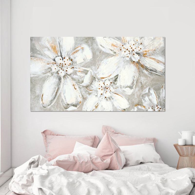 Huge Blooming Flower Canvas Art Textured Modernist Bedroom Wall Decoration in Grey