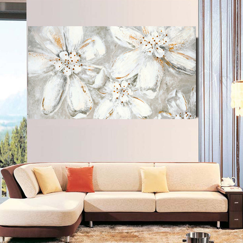 Huge Blooming Flower Canvas Art Textured Modernist Bedroom Wall Decoration in Grey