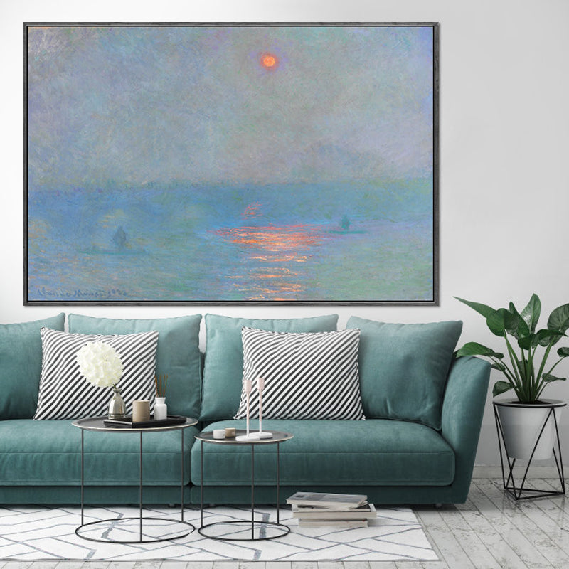 Blue Modern Canvas Art Moon Reflection on Sea Scenery Wall Decor for Living Room