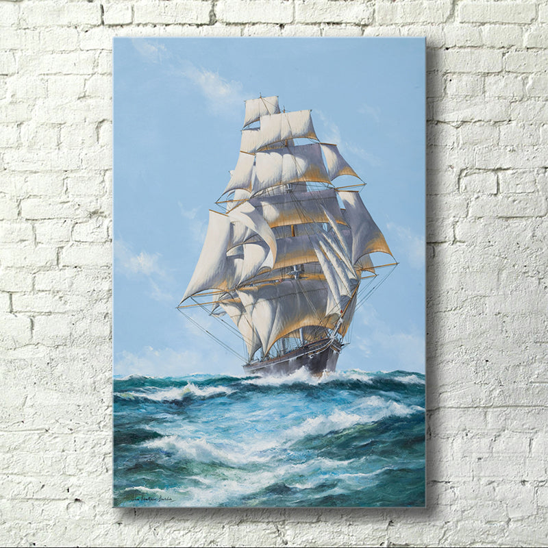 Modern Ocean Sailing Vessel Painting Blue and White Textured Wall Art for Hallway