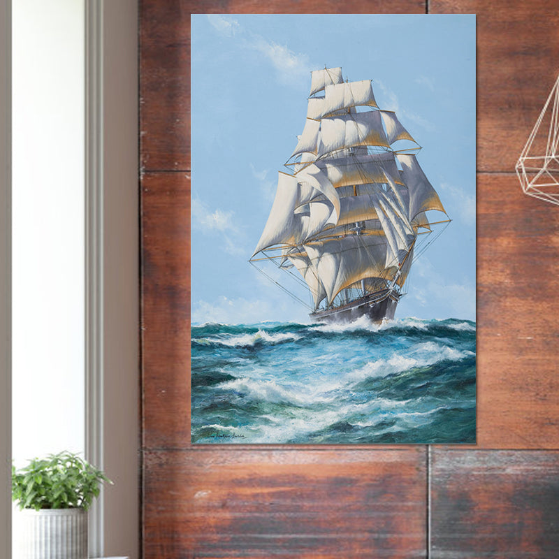 Modern Ocean Sailing Vessel Painting Blue and White Textured Wall Art for Hallway