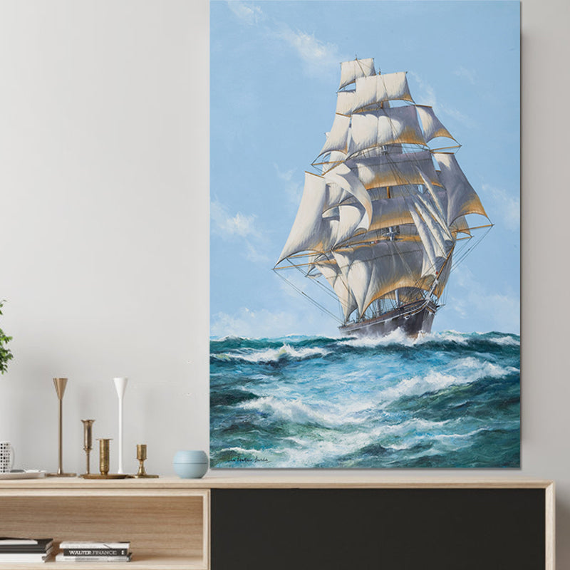 Modern Ocean Sailing Vessel Painting Blue and White Textured Wall Art for Hallway