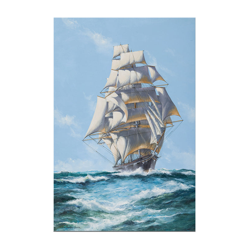 Modern Ocean Sailing Vessel Painting Blue and White Textured Wall Art for Hallway