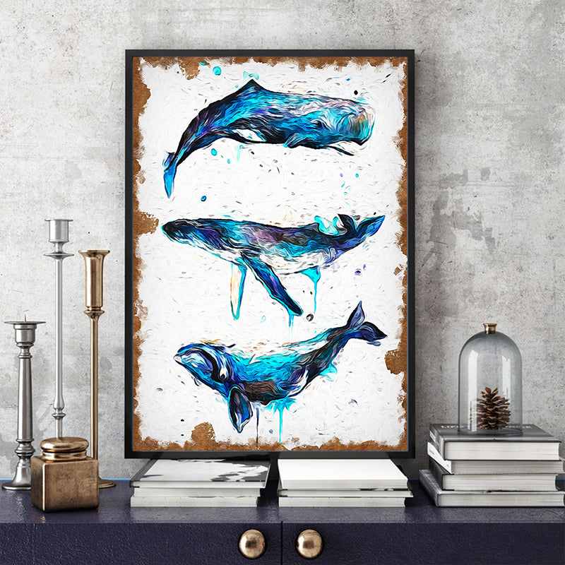 Modern Style Whales Wall Art Living Room Wrapped Canvas Painting in Blue on White