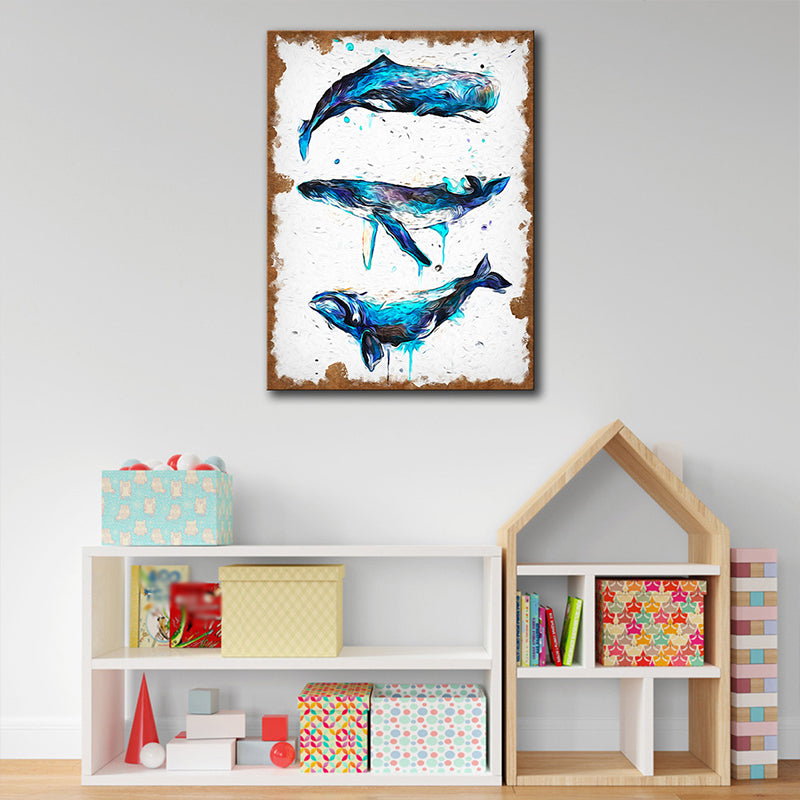 Modern Style Whales Wall Art Living Room Wrapped Canvas Painting in Blue on White