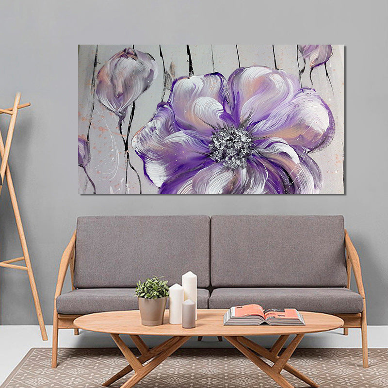 Stylish Flower Painting Canvas Art Purple-Grey Textured Wall Decor for Living Room