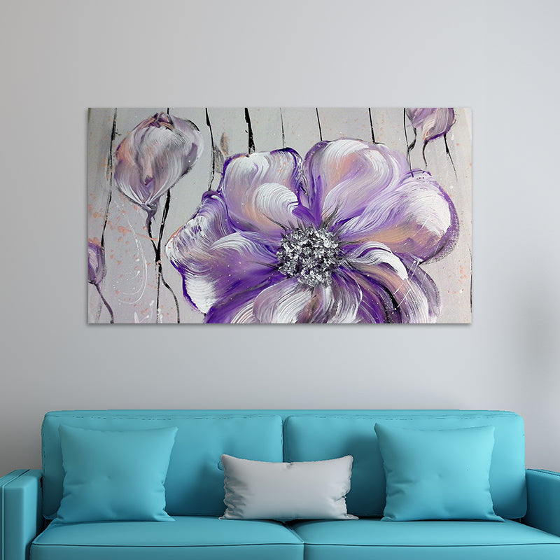 Stylish Flower Painting Canvas Art Purple-Grey Textured Wall Decor for Living Room