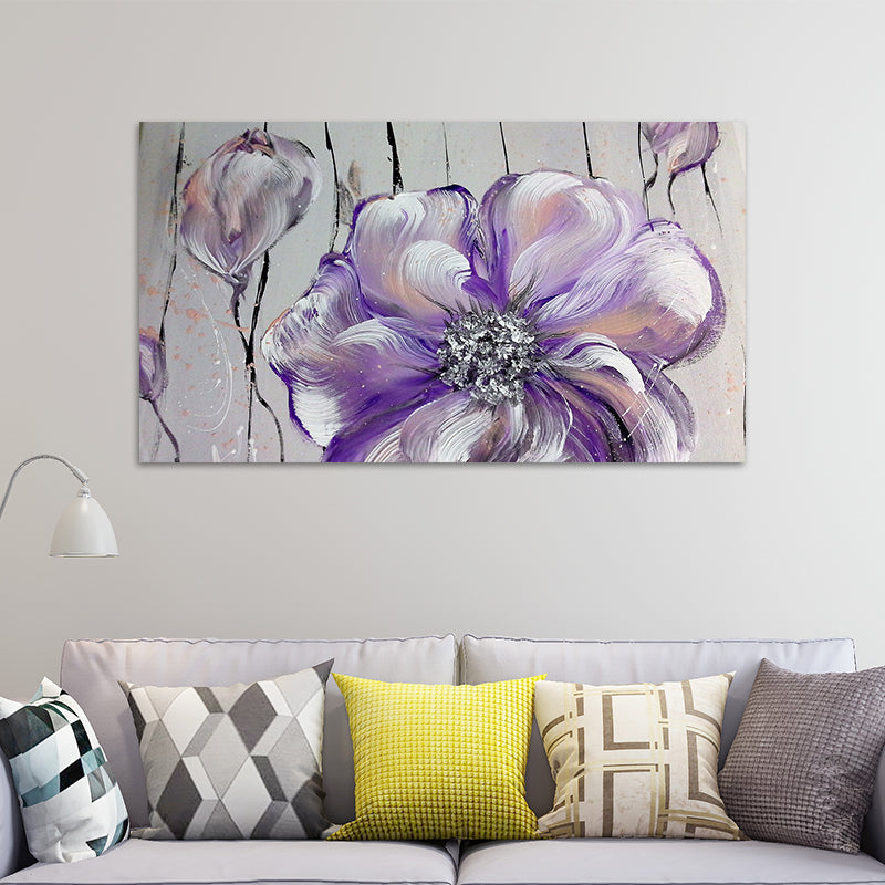 Stylish Flower Painting Canvas Art Purple-Grey Textured Wall Decor for Living Room