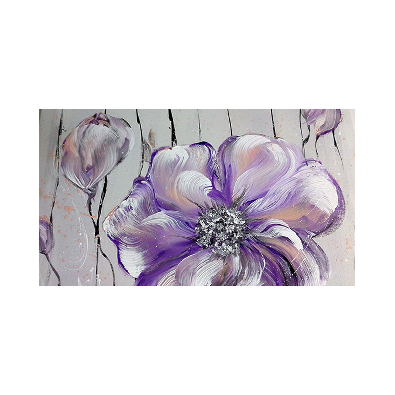 Stylish Flower Painting Canvas Art Purple-Grey Textured Wall Decor for Living Room