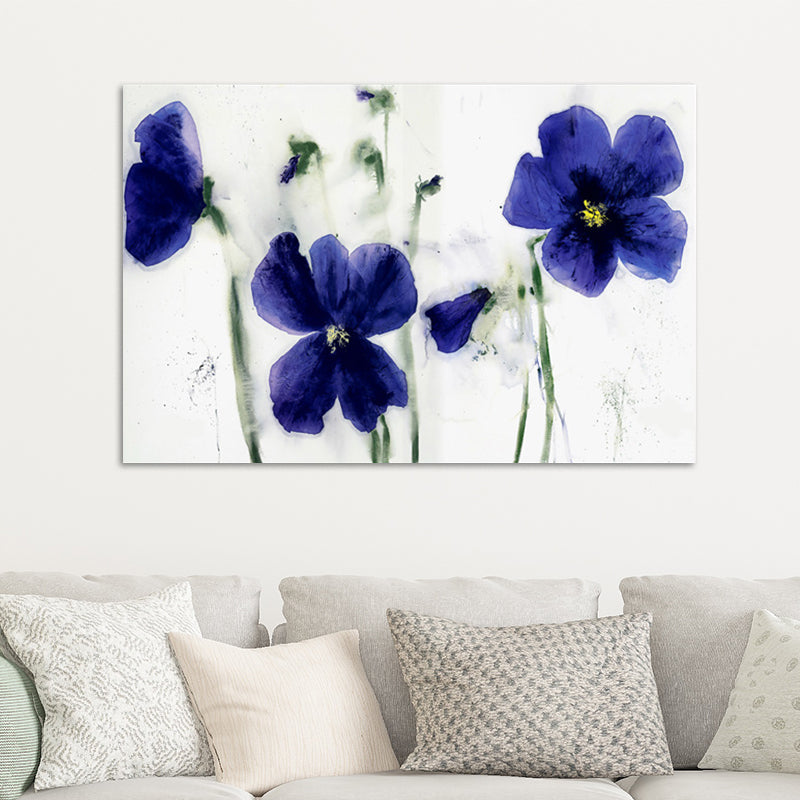 Blue Flowers Wall Decor Watercolor Minimalist Textured Canvas Wall Art for Hotel