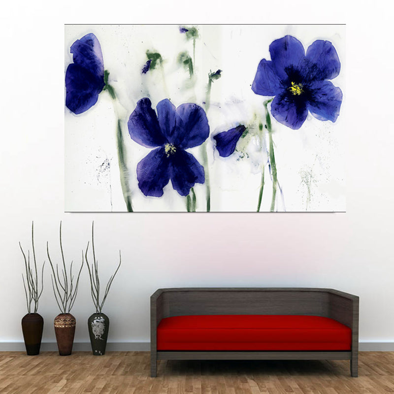 Blue Flowers Wall Decor Watercolor Minimalist Textured Canvas Wall Art for Hotel