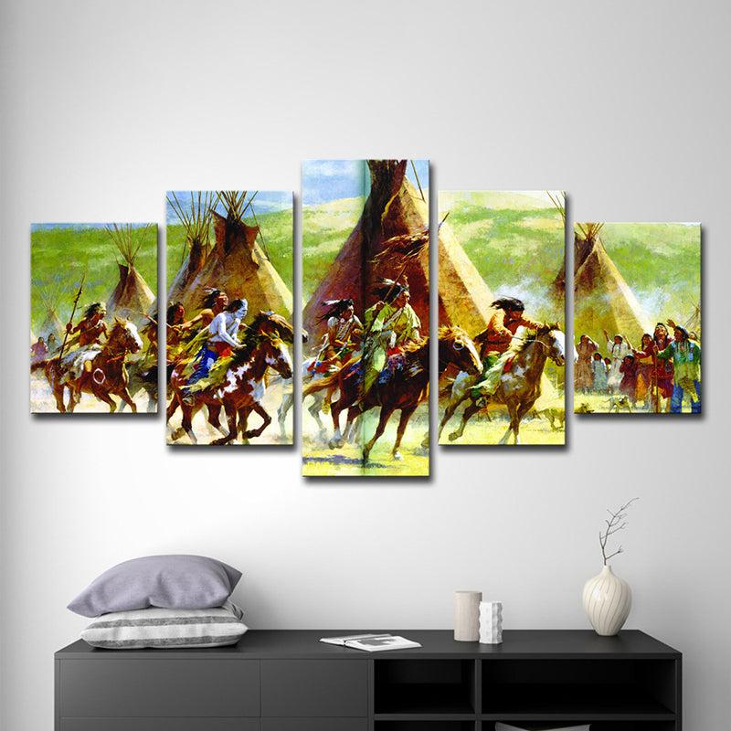 Indian Tribe Hunting Canvas Art Modern Style Multi-Piece Wall Decoration in Green