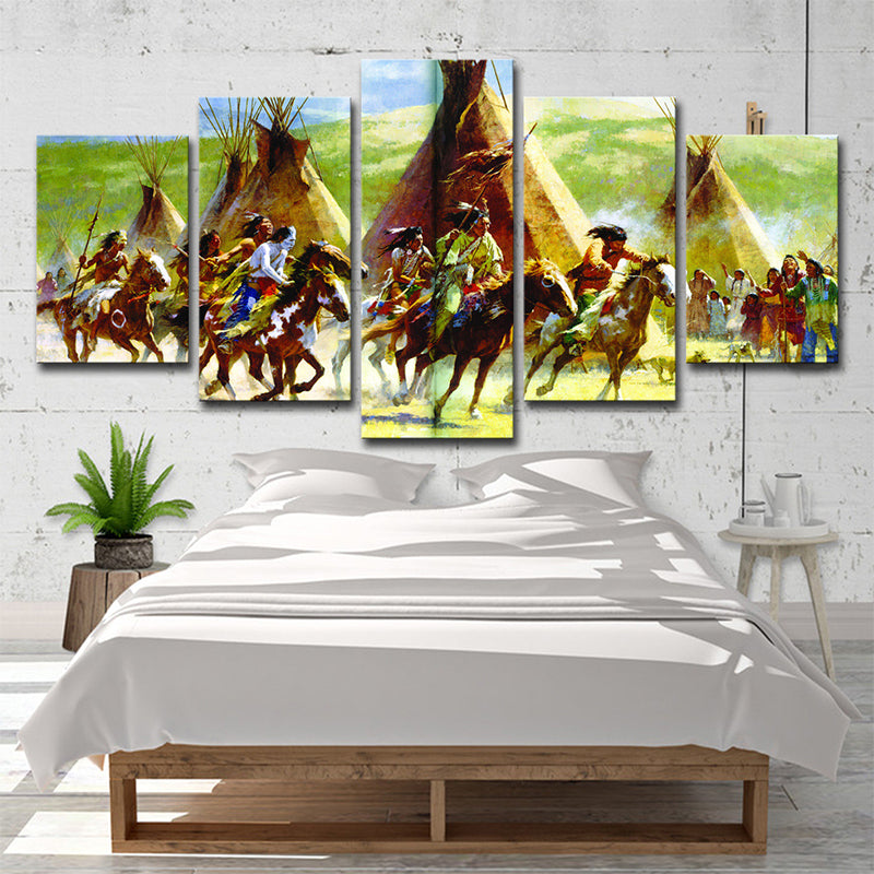 Indian Tribe Hunting Canvas Art Modern Style Multi-Piece Wall Decoration in Green