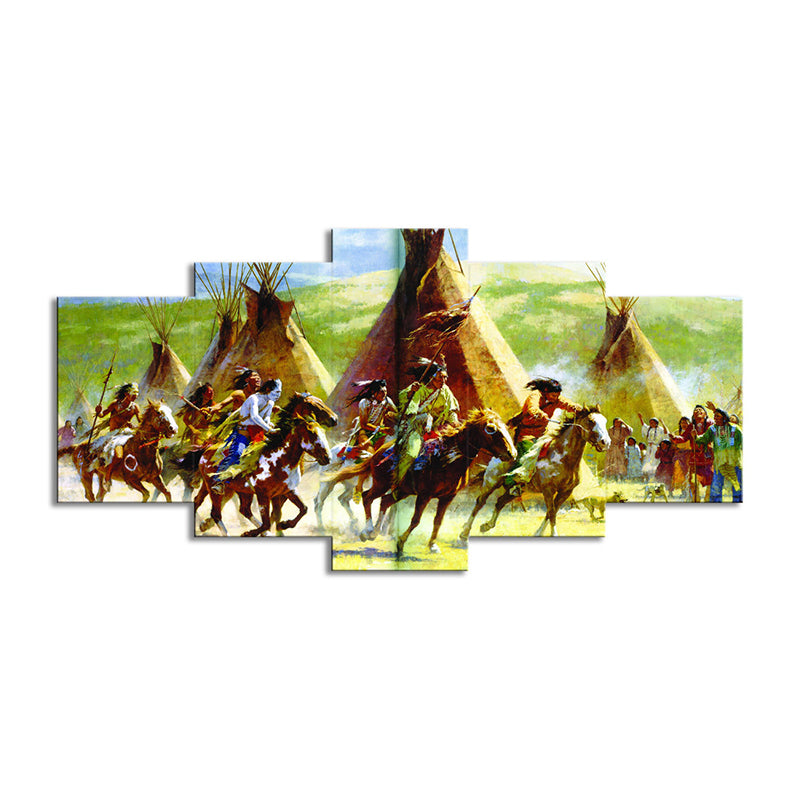 Indian Tribe Hunting Canvas Art Modern Style Multi-Piece Wall Decoration in Green