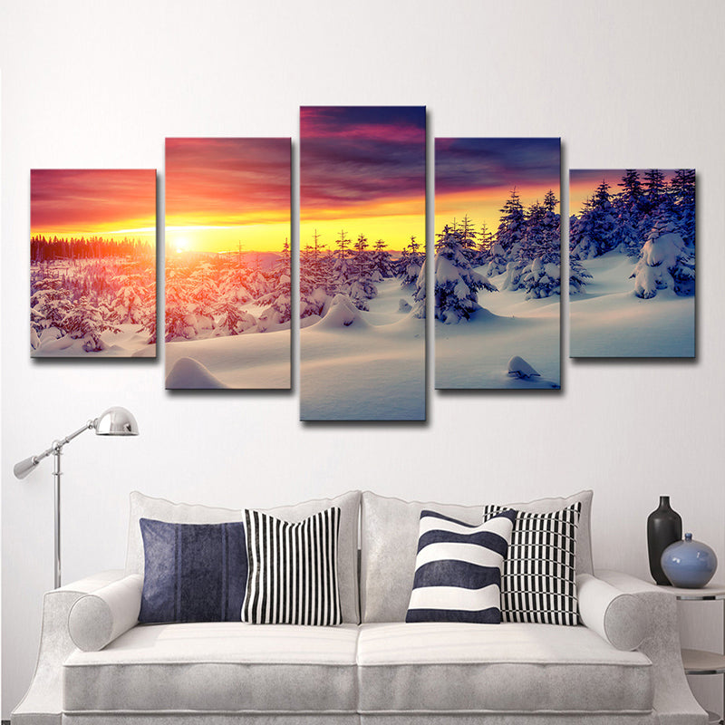 Modern Sunset Snow Landscape Canvas Yellow Multi-Piece Wall Art Decor for Living Room