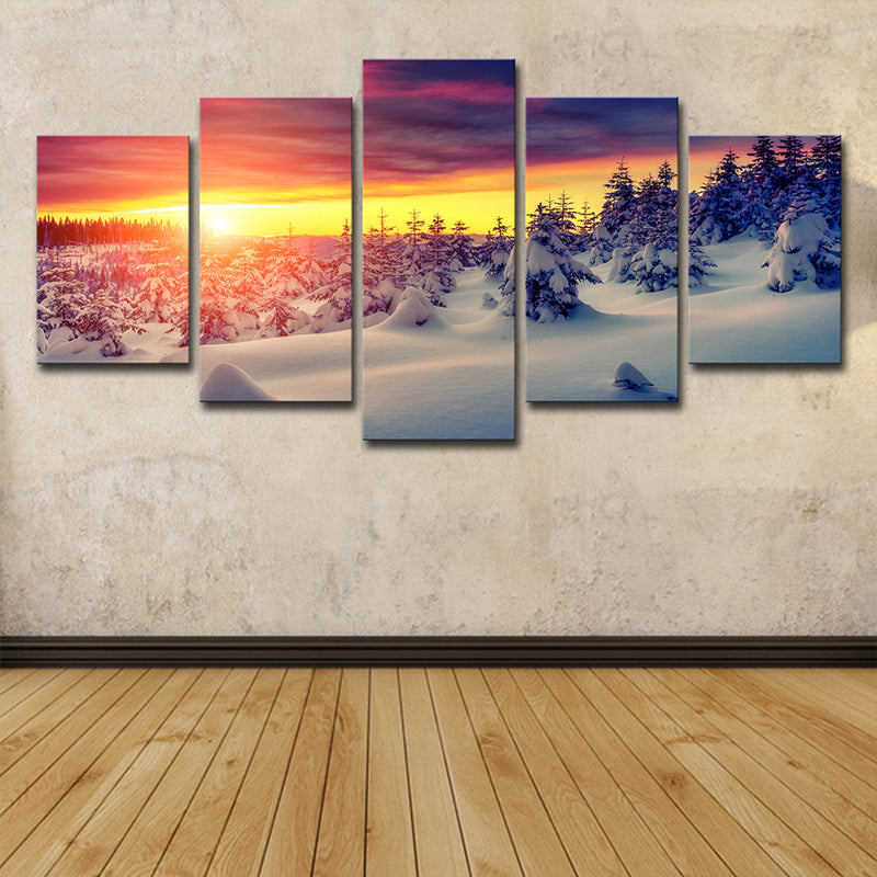 Modern Sunset Snow Landscape Canvas Yellow Multi-Piece Wall Art Decor for Living Room