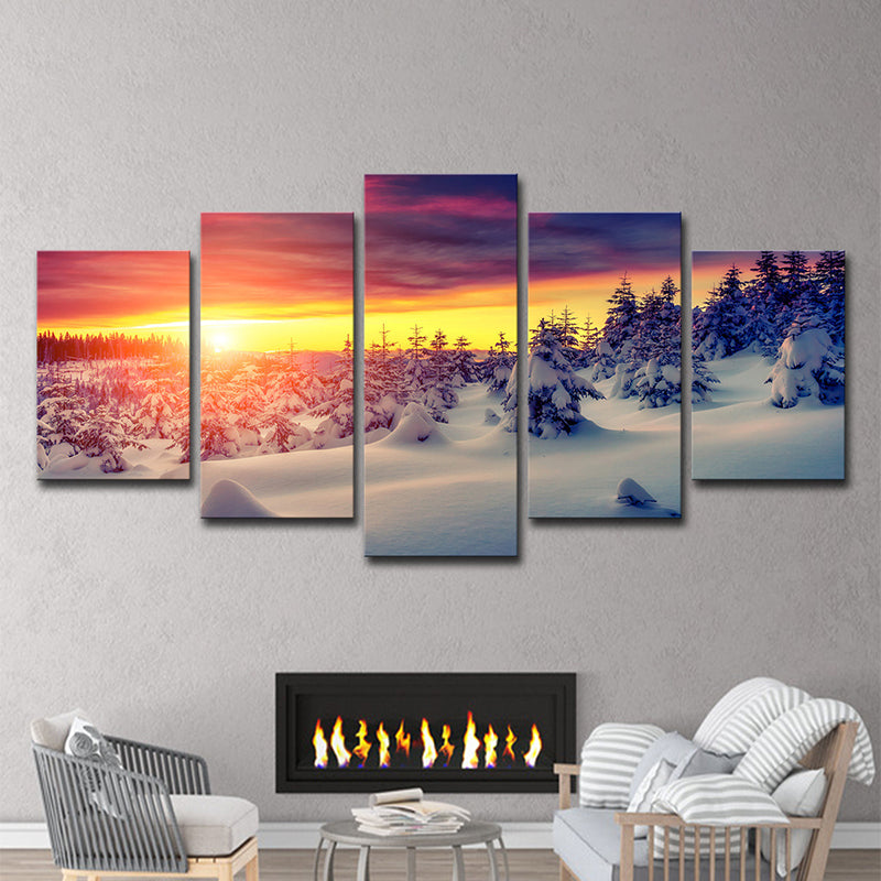 Modern Sunset Snow Landscape Canvas Yellow Multi-Piece Wall Art Decor for Living Room