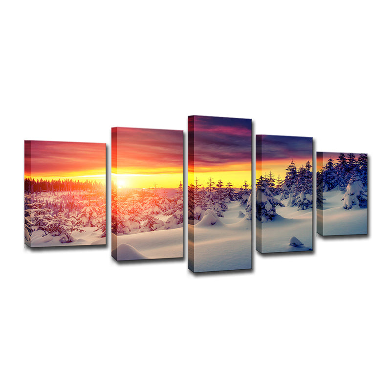 Modern Sunset Snow Landscape Canvas Yellow Multi-Piece Wall Art Decor for Living Room