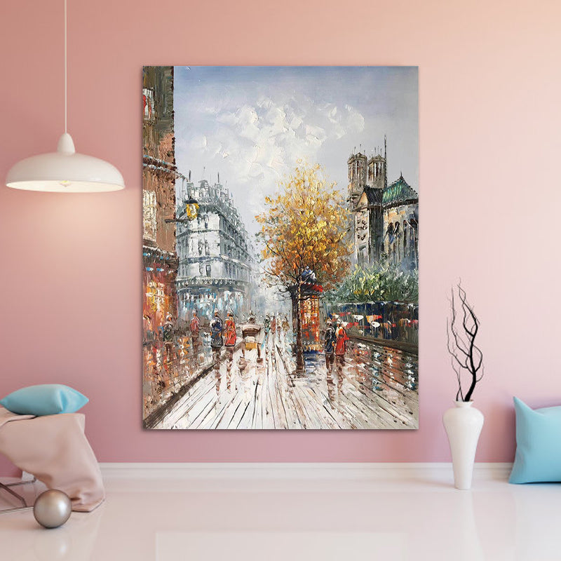 Urban City Street View Painting Orange-Grey Textured Canvas Wall Art for Dining Room