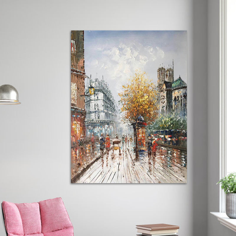 Urban City Street View Painting Orange-Grey Textured Canvas Wall Art for Dining Room