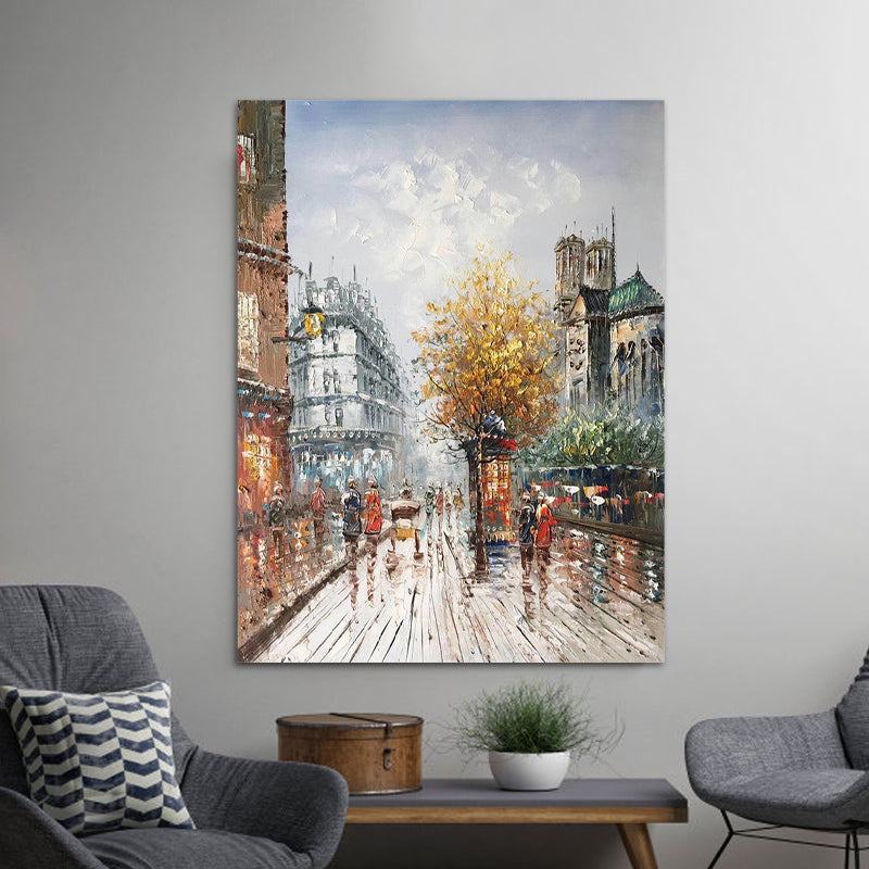 Urban City Street View Painting Orange-Grey Textured Canvas Wall Art for Dining Room