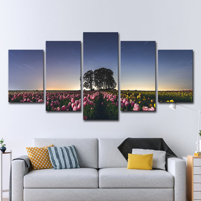 Multi-Piece Flower Field Wall Art Stylish Modern Canvas Print in Blue for Living Room