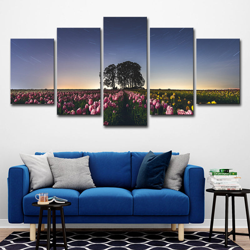 Multi-Piece Flower Field Wall Art Stylish Modern Canvas Print in Blue for Living Room