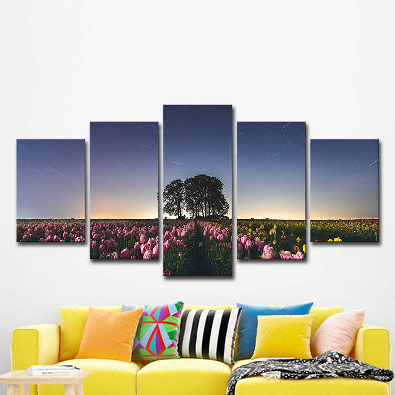 Multi-Piece Flower Field Wall Art Stylish Modern Canvas Print in Blue for Living Room