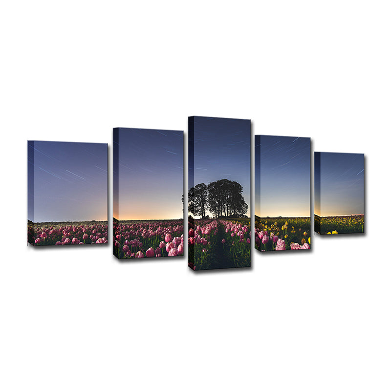 Multi-Piece Flower Field Wall Art Stylish Modern Canvas Print in Blue for Living Room