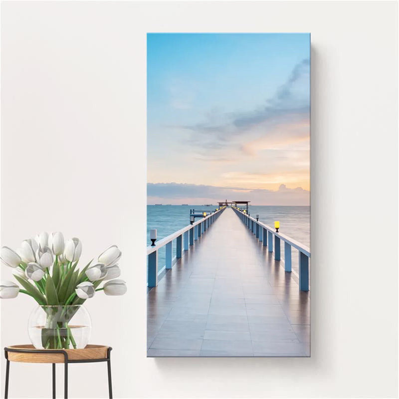 Photography Modern Wall Art with Straight Bridge to the Sea Pattern in Brown-Blue