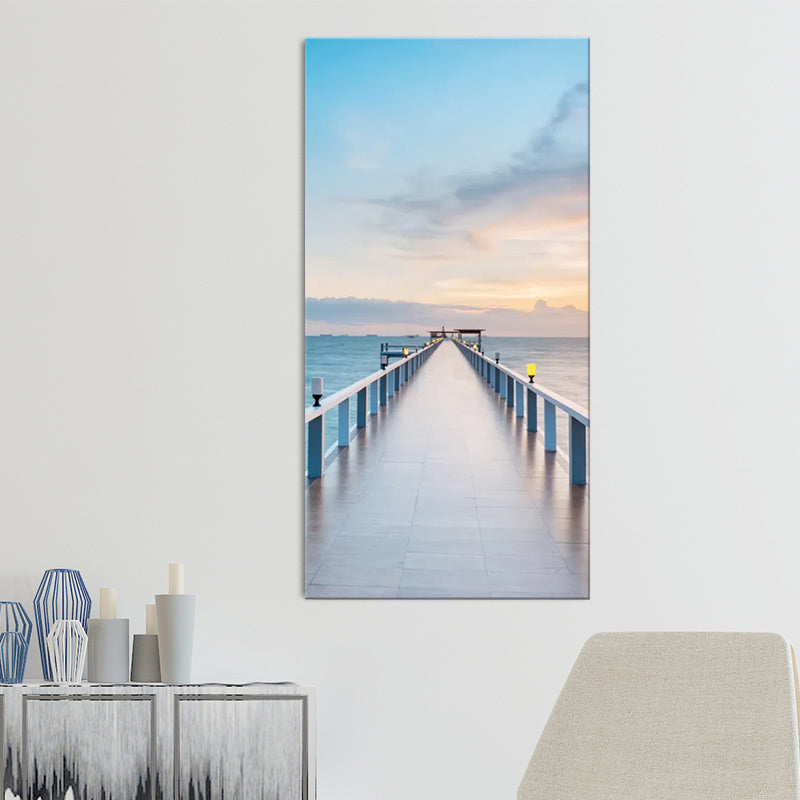 Photography Modern Wall Art with Straight Bridge to the Sea Pattern in Brown-Blue