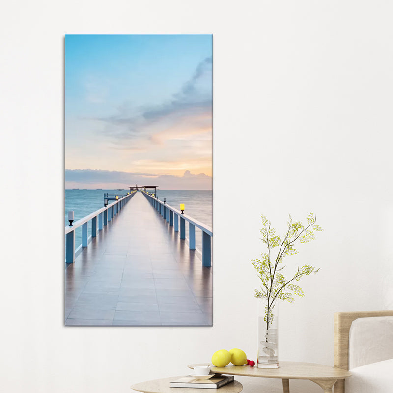 Photography Modern Wall Art with Straight Bridge to the Sea Pattern in Brown-Blue