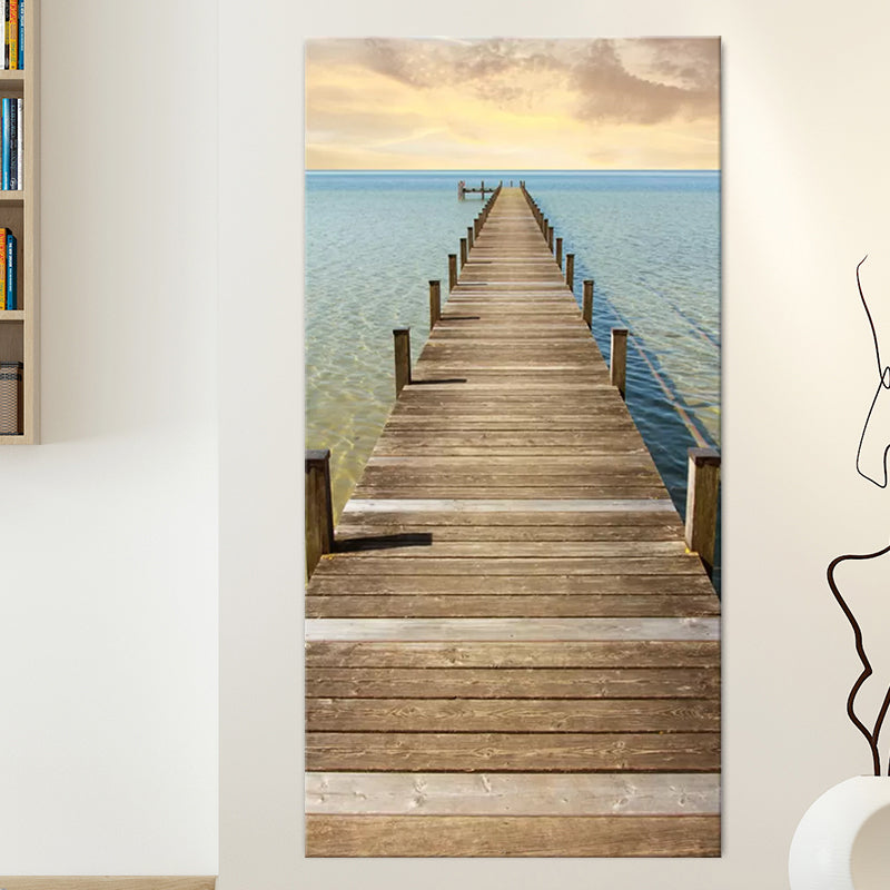 Photography Modern Wall Art with Straight Bridge to the Sea Pattern in Brown-Blue