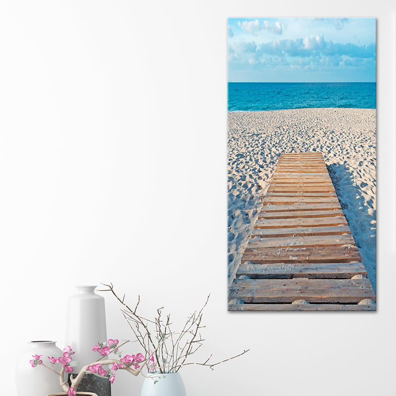 Photography Modern Wall Art with Straight Bridge to the Sea Pattern in Brown-Blue