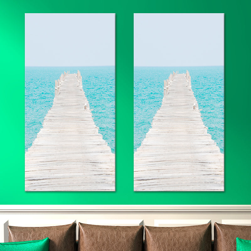 Photography Modern Wall Art with Straight Bridge to the Sea Pattern in Brown-Blue