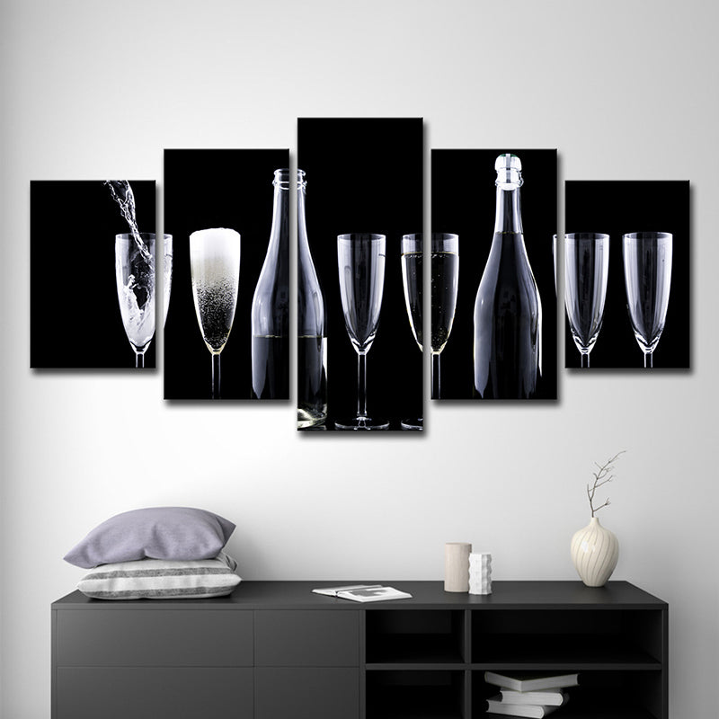 Modern Wine and Glasses Art Print Canvas Multi-Piece Black Wall Decor for Kitchen