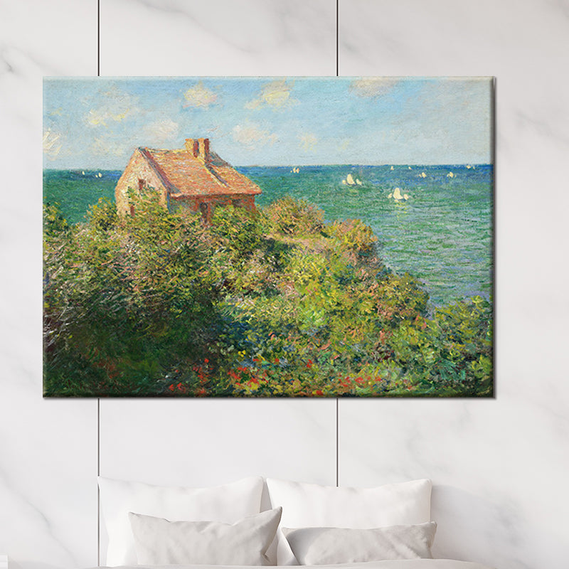 Green Coastal Mountain Cabin Painting Seascape Modern Textured Wall Art Print for Bedroom